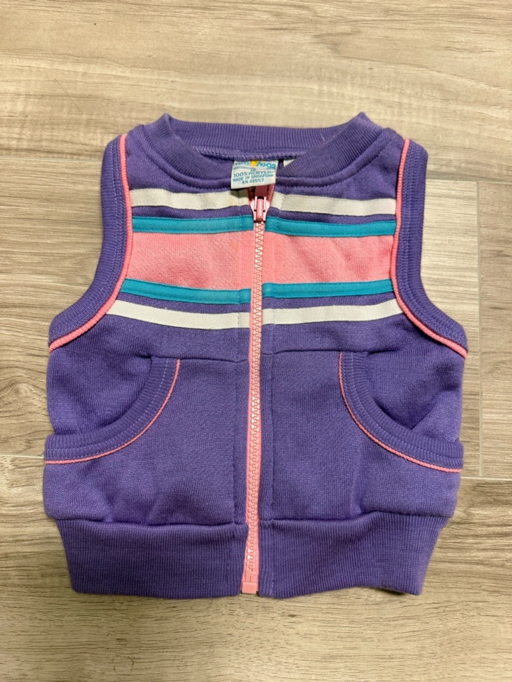 Vintage Tiny Togs Purple Zip-Front Hoodie Vest with Pink & Teal Stripes 12 Mo